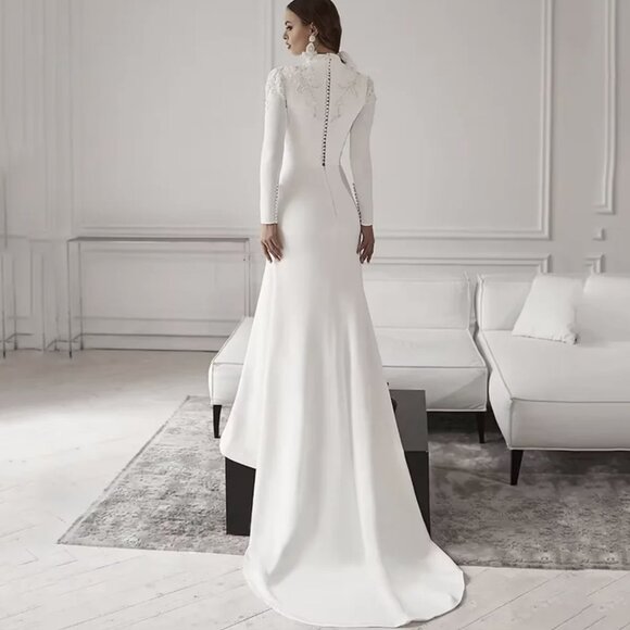 Elegant High Neck Mermaid Weddin with Brush Train | Modest high neck bridal Gown - Picture 4 of 17